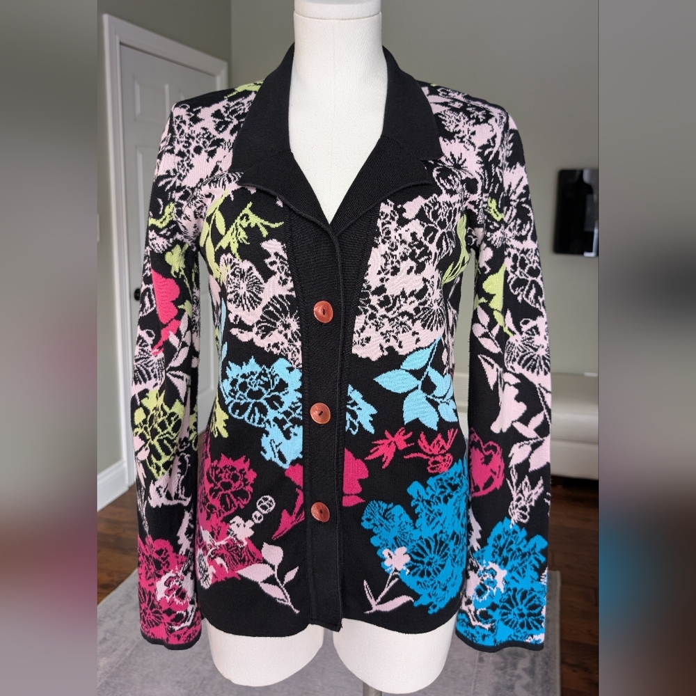 KOOI Knitwear Women’s Cardigan Floral Button Front 100% Cotton Colorful Size L